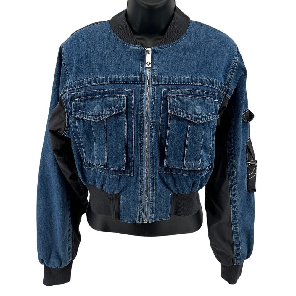 True Religion Jean Jacket WMNS M Blue Denim Crop Full Zip Cargo Row Seat Stretch